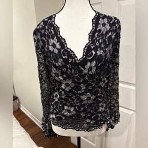 Cartise International Black Lace Puff Sleeve Top – Sheer Floral, Size 16